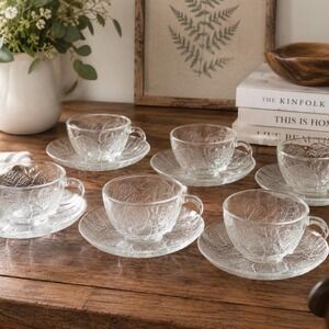 Arcoroc Aspen Clear Glass Coffee Cups & Saucers Set of 6 French Leaf VTG 80s